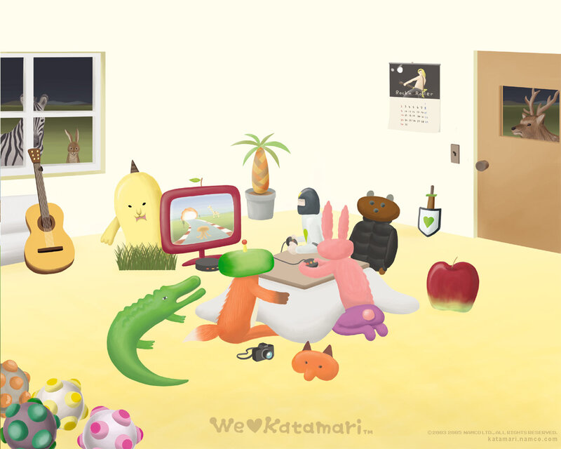 Katamari game characters in a room