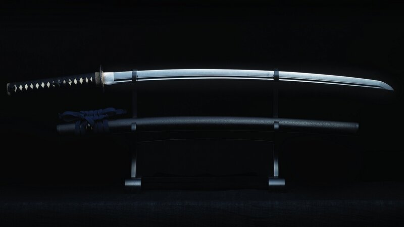 Katana on Display Stand — Black, Dramatic, Photograph