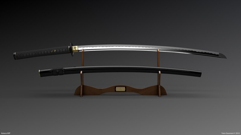 Katana on Display Stand — Black, Neutral, 3d Render