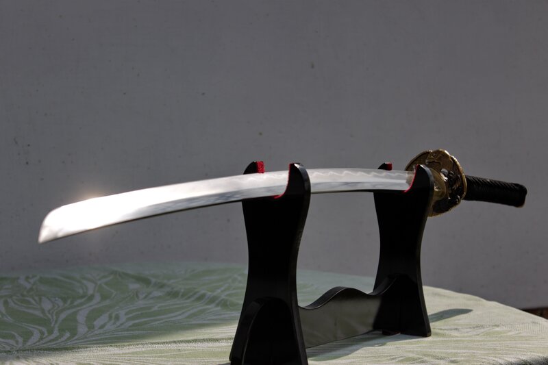 Katana on Display Stand — Black, Neutral, Photograph, Sword
