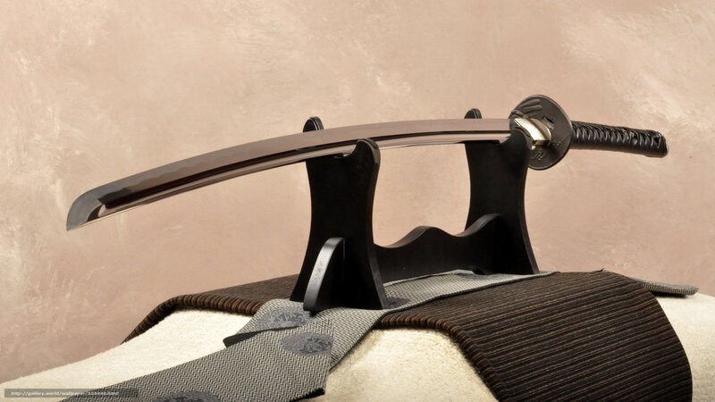 Katana on Display Stand — Black, Neutral, Photograph
