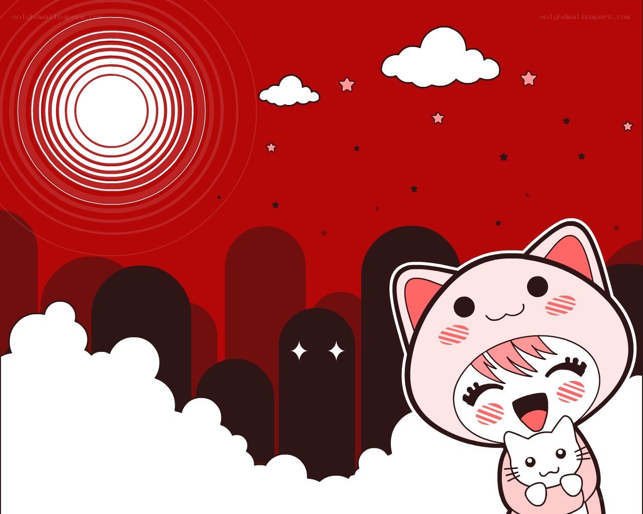 kawaii cat characters in red sky