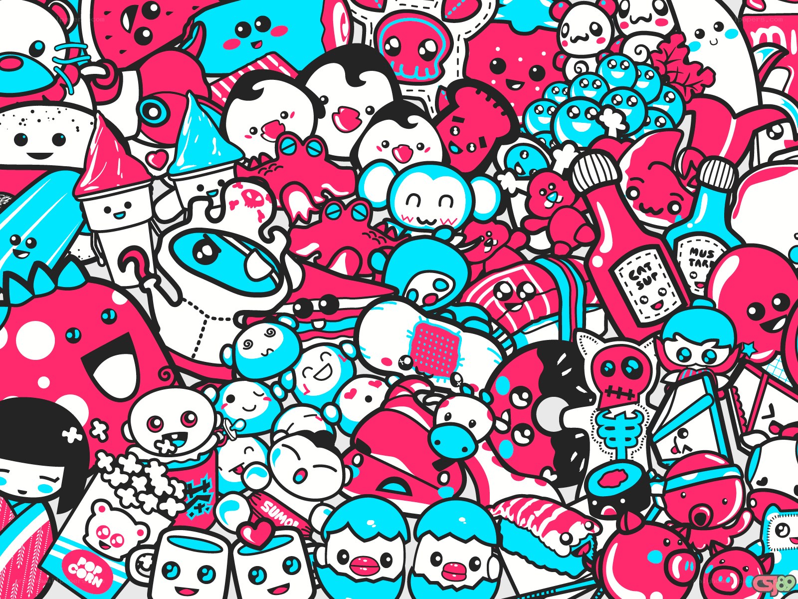 kawaii character doodle collage