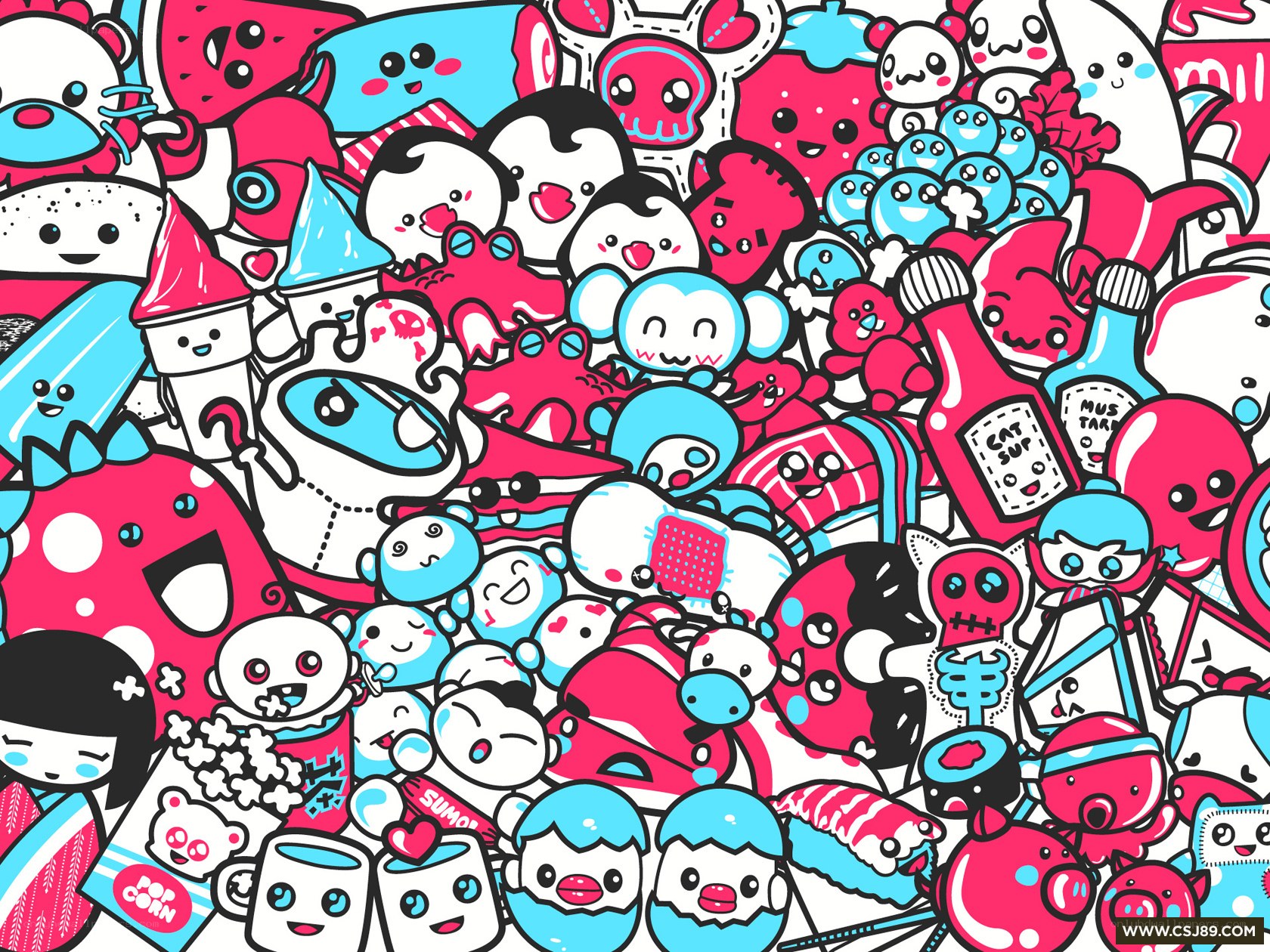 kawaii character doodle collage