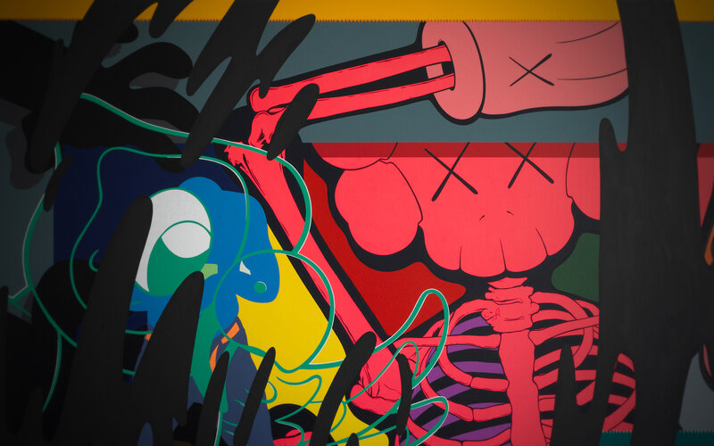 Kaws-style artwork with skeletal figure