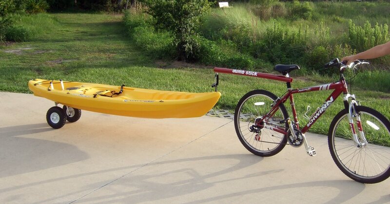 kayak on a trailer attached to bike