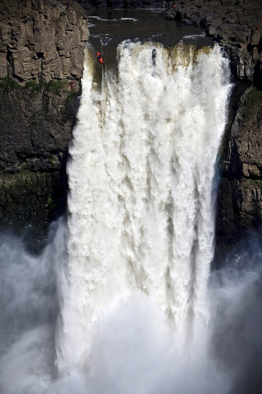 Kayaker at Waterfall — White