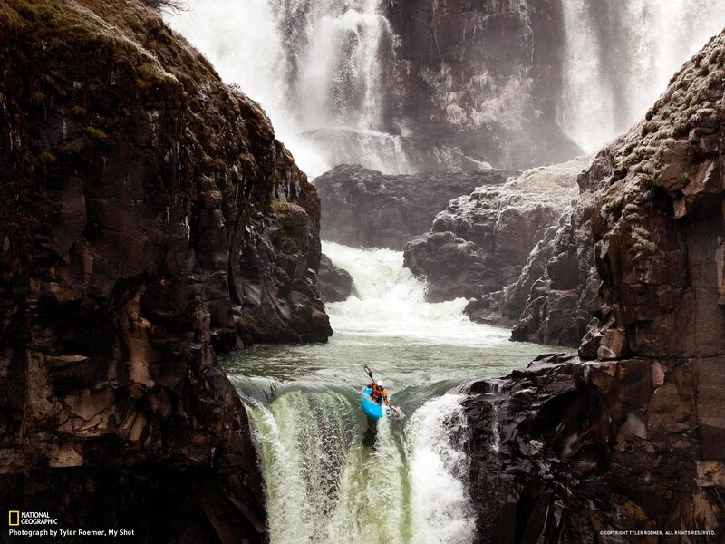 Kayaker Going over Waterfall — Blue, Dramatic