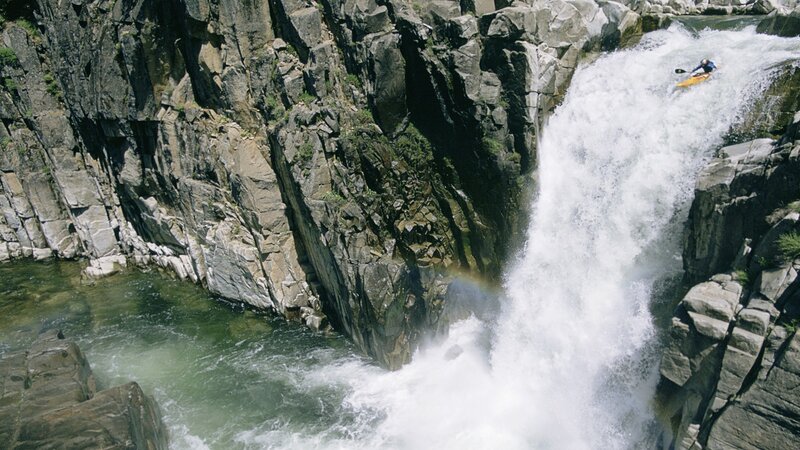 Kayaker Going over Waterfall — Gray