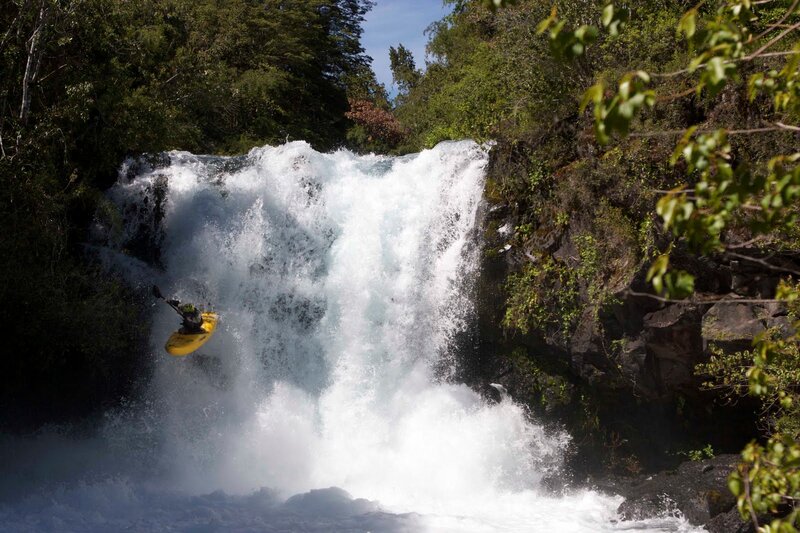 Kayaker Going over Waterfall — Green