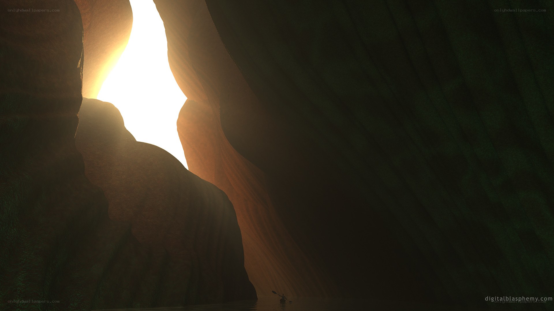 kayaker in a sunlit canyon