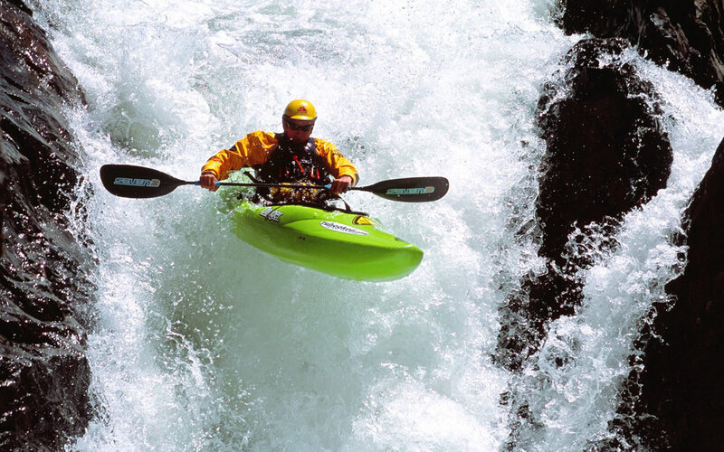 Kayaker in Rapids — Green, Dramatic