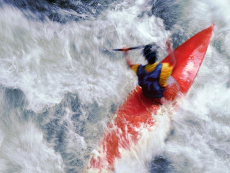 Kayaker in Rapids — Red, Dramatic, Photograph, Kayak, Paddle, River