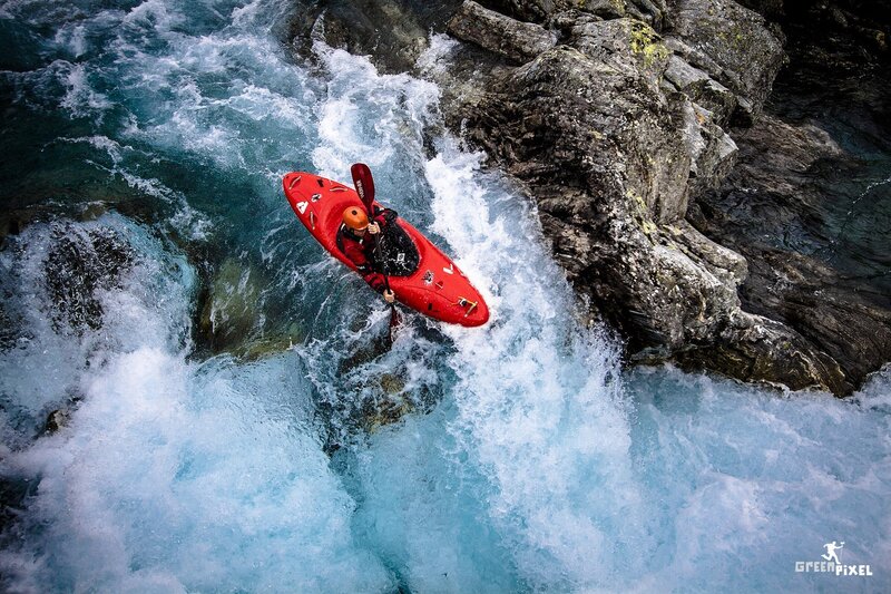 Kayaker in Rapids — Red, Dramatic, Photograph, River, Rocks