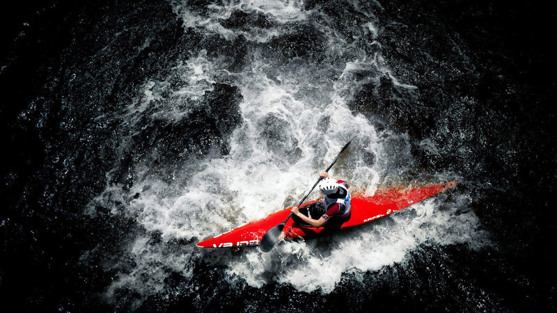 Kayaker in Rapids — Red, Dramatic, Photograph