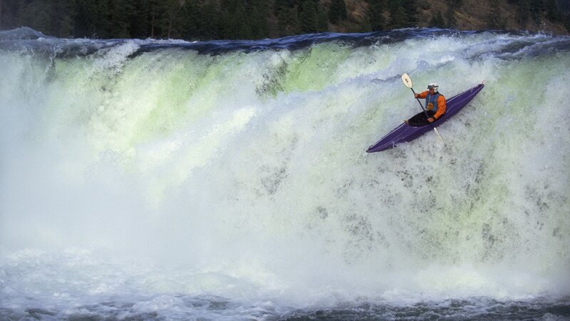 Kayaker in Waterfall — Purple, Dramatic, Photograph