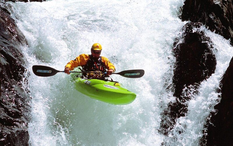 Kayaker in Whitewater — Green, Dramatic, Photograph