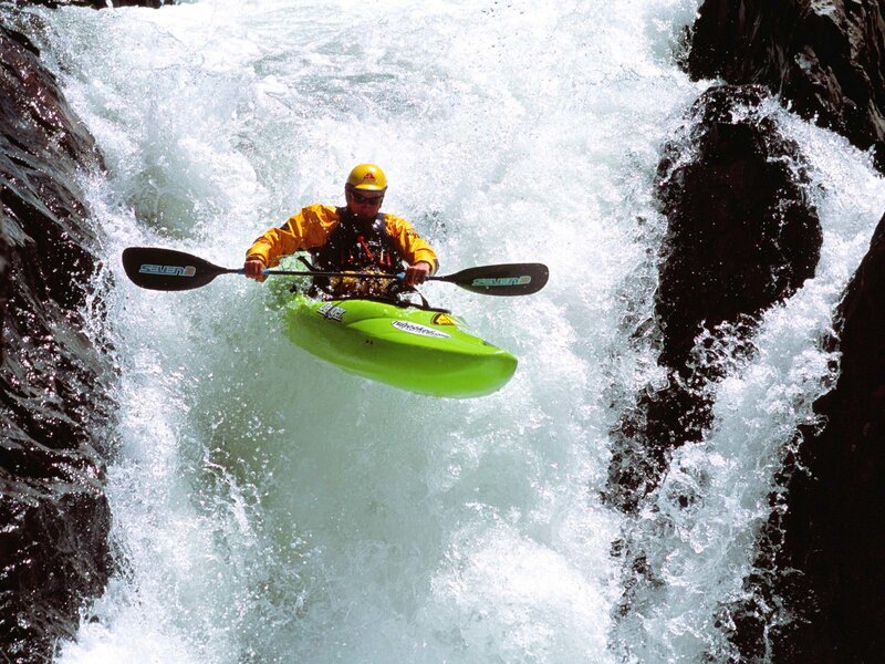 Kayaker in Whitewater — Green, Dramatic