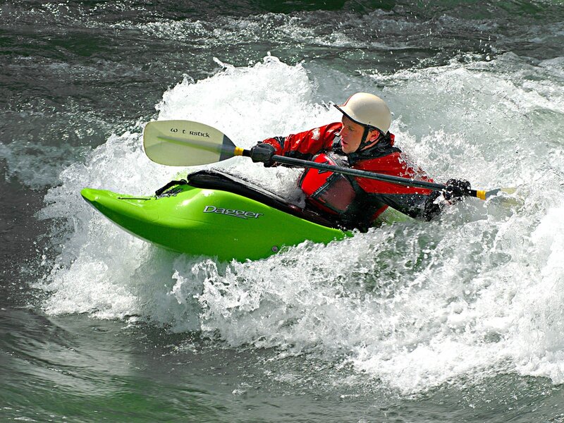 Kayaker in Whitewater — Green, Dynamic, Afternoon