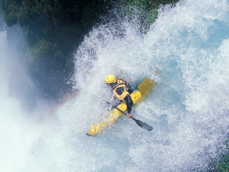 Kayaker in Whitewater — Yellow, Dramatic, Photograph