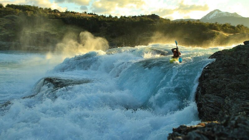 Kayaker Navigating Rapids — Blue