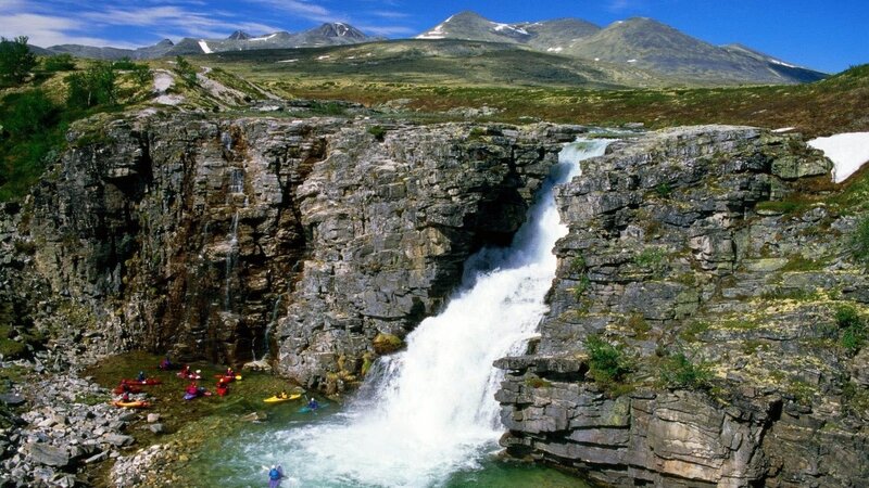 Kayakers at Waterfall — Blue, Dramatic, Summer