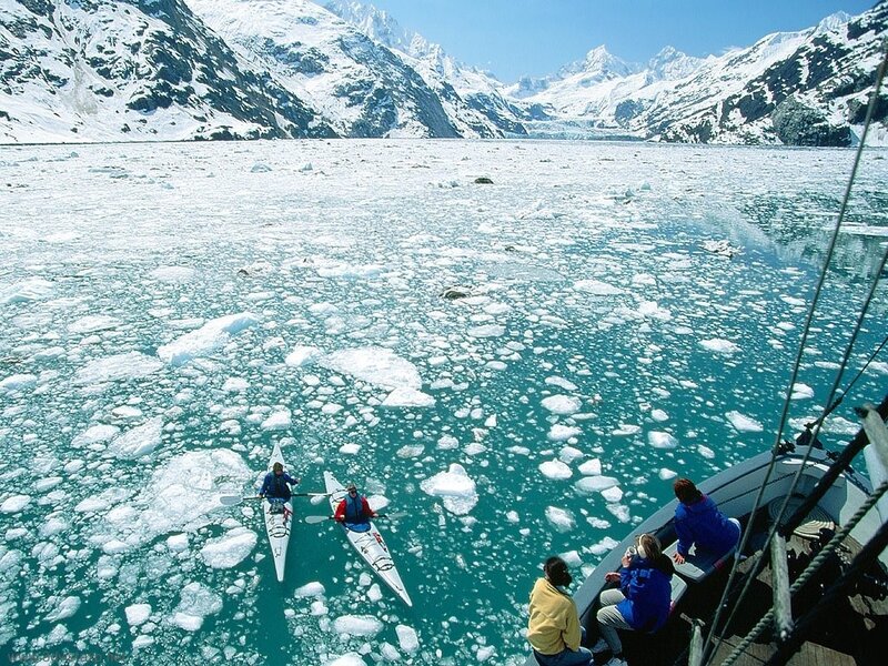 Kayakers in icy waters
