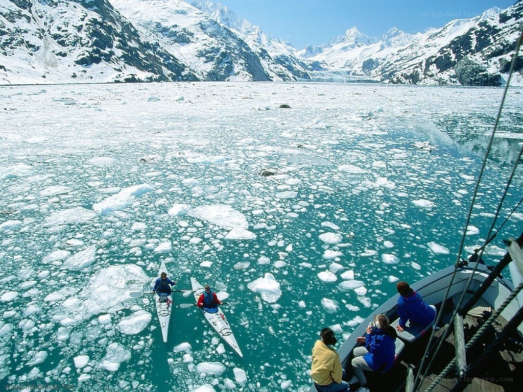Kayakers in icy waters