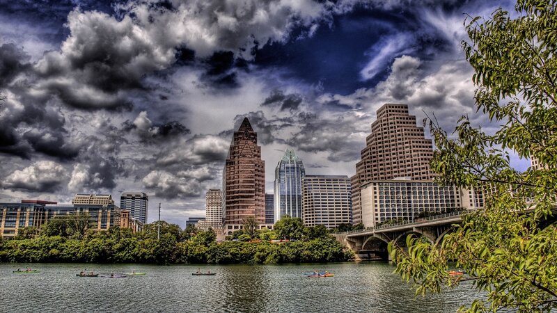 Kayakers on River — Blue