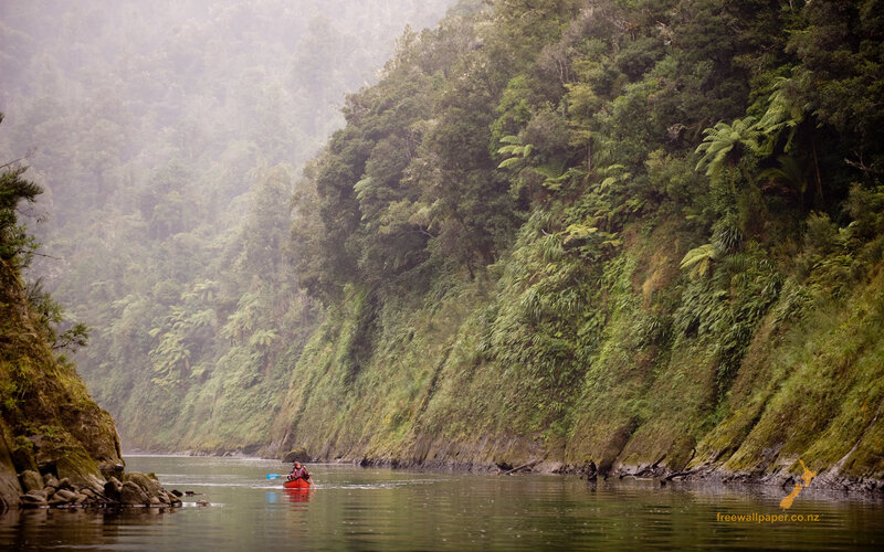 Kayaking in a misty forest river