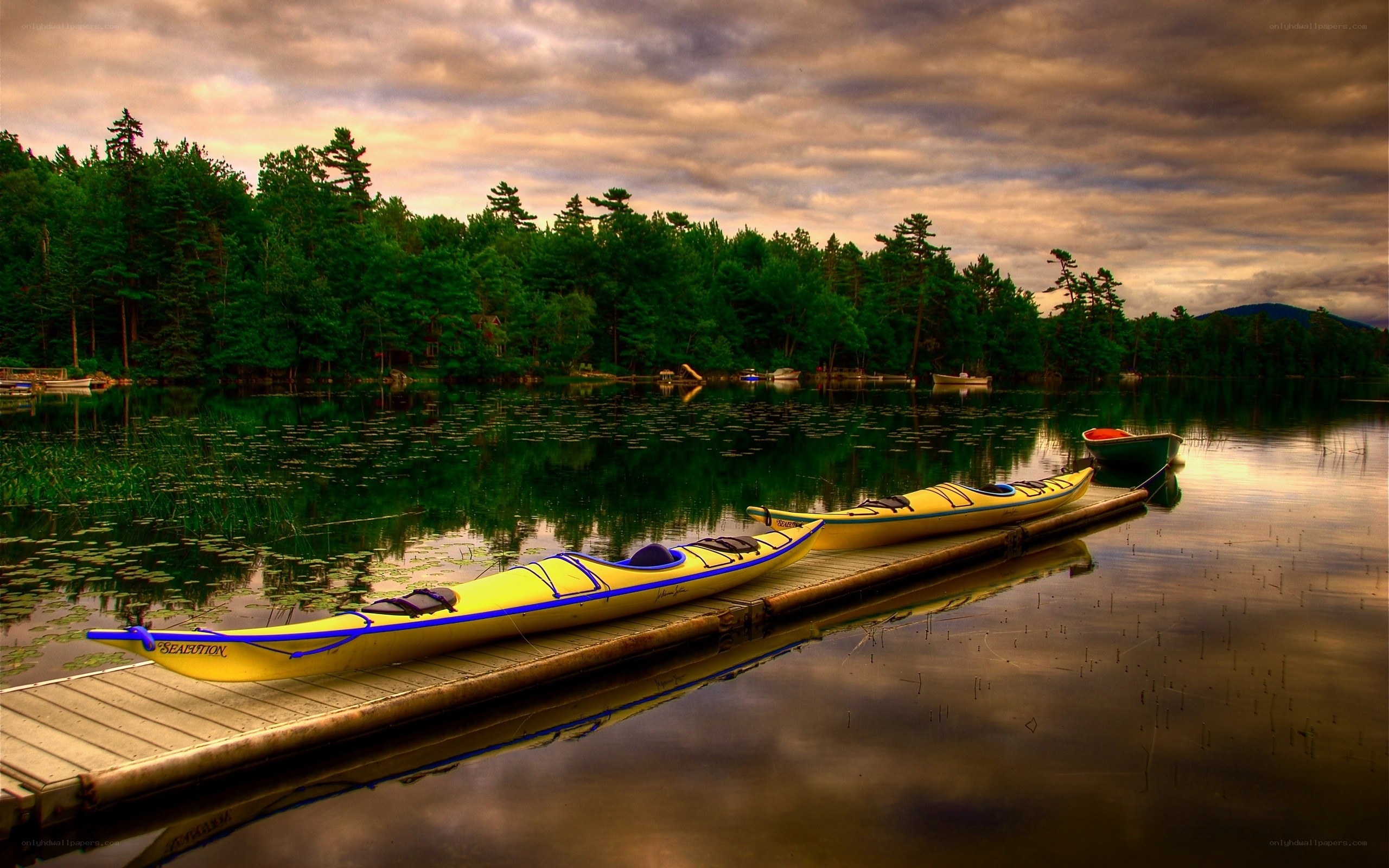 Kayaks on a serene lake