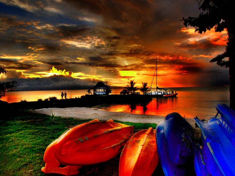 Kayaks on Beach — Orange, Dramatic, Sunset