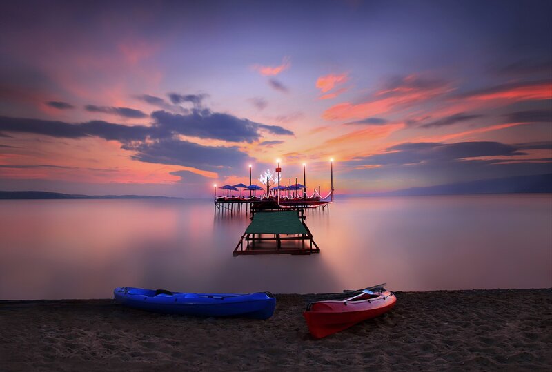 Kayaks on Beach — Purple