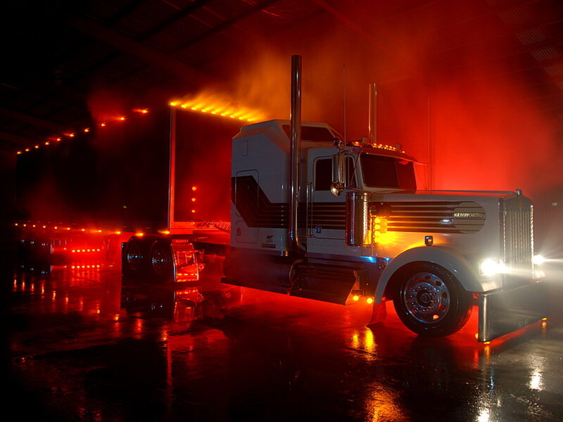 Kenworth truck in a smoke-filled warehouse