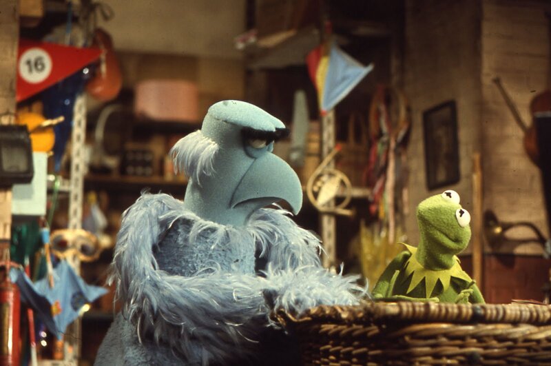 Kermit and a blue bird in a basket