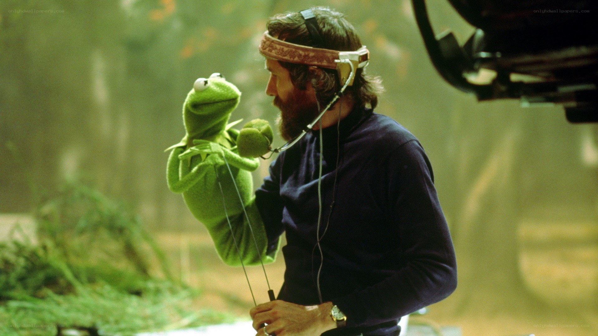 Kermit the Frog puppeteer on set