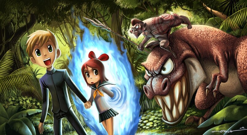 Kids in jungle with dinosaurs