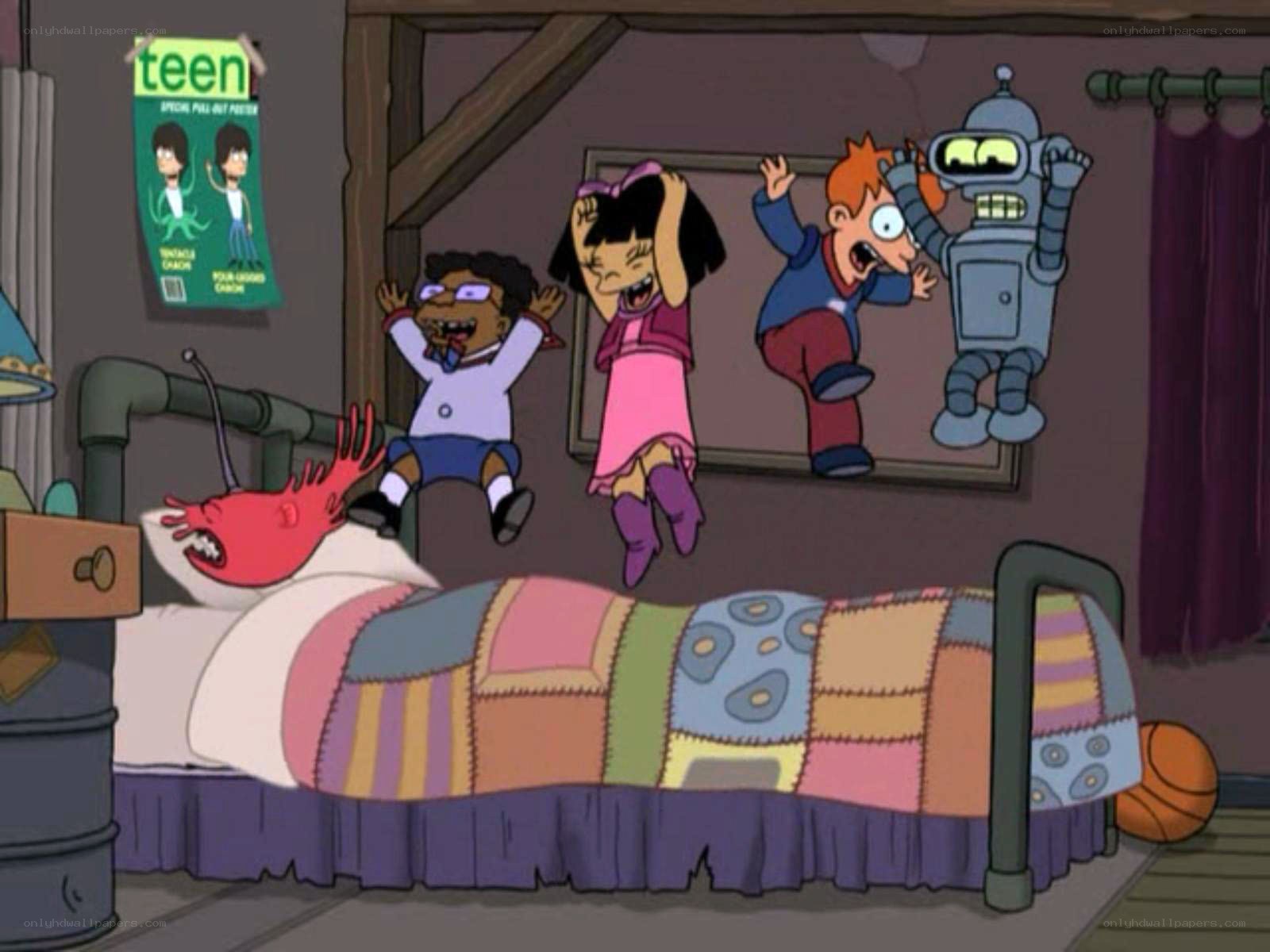 Kids jumping on a bed