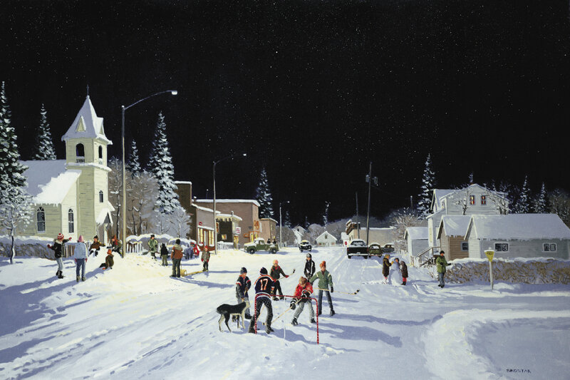 Kids playing hockey at night