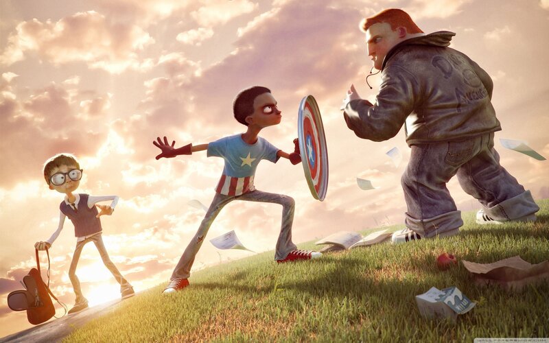 Kids playing superhero on a hill