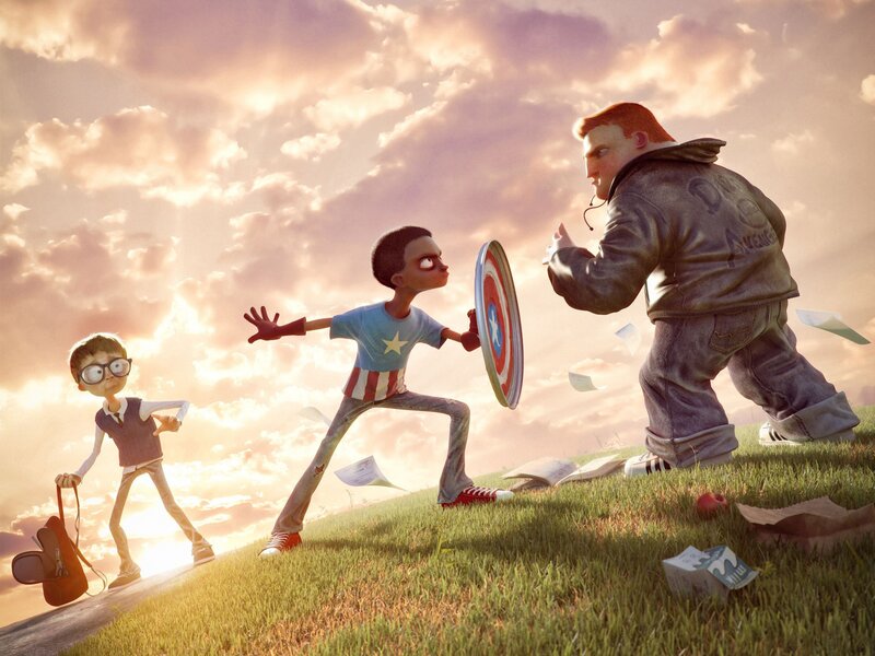 Kids playing superhero on a hill