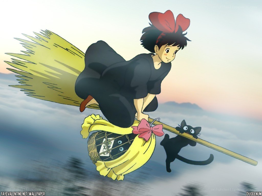 Kiki flying on a broom