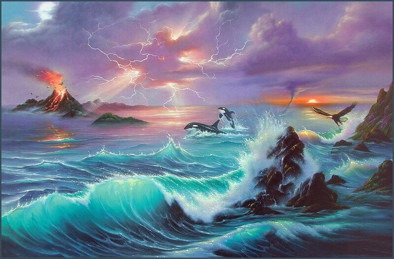 Killer Whales in Ocean — Blue, Dramatic, Sunset