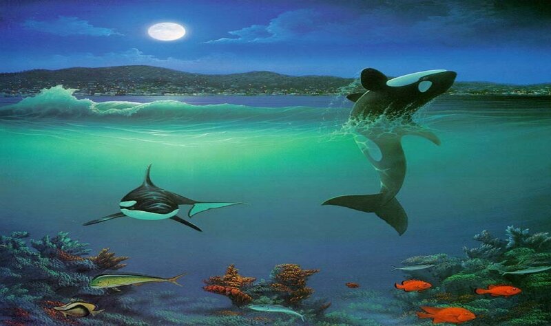 Killer Whales in Ocean — Blue
