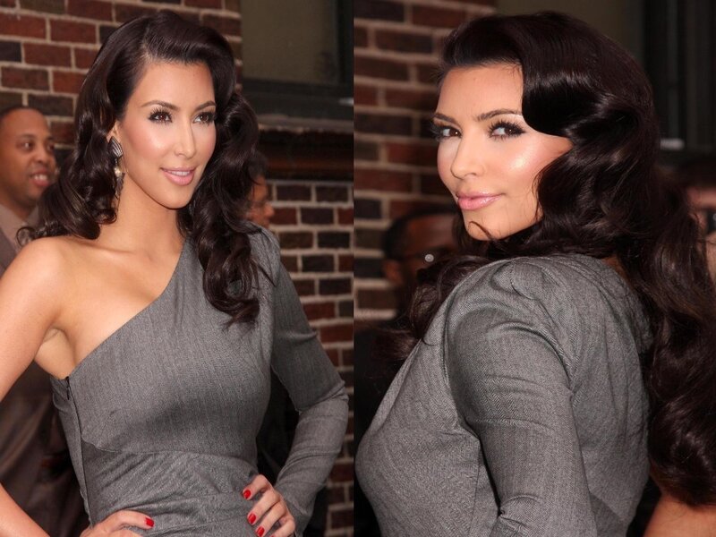 Kim Kardashian in gray dress