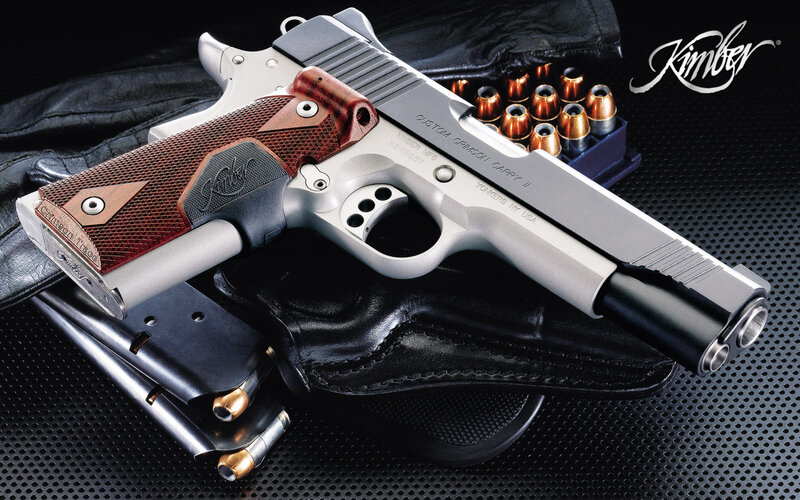 Kimber Pistol with Accessories — Black, Dramatic, Photograph, Magazine, Ammunition