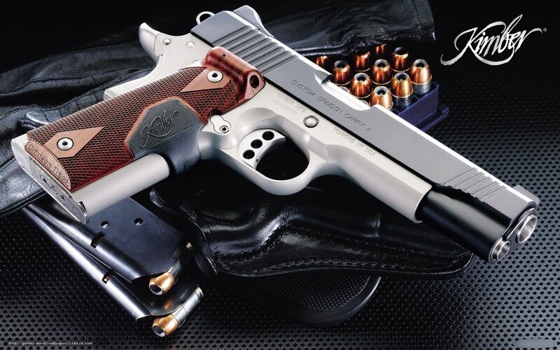 Kimber Pistol with Accessories — Black, Dramatic, Photograph