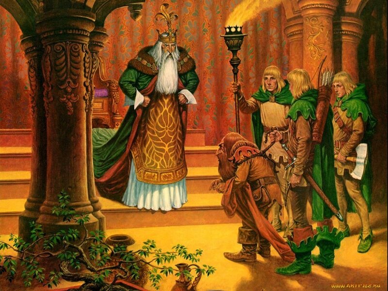 King and adventurers in a throne room