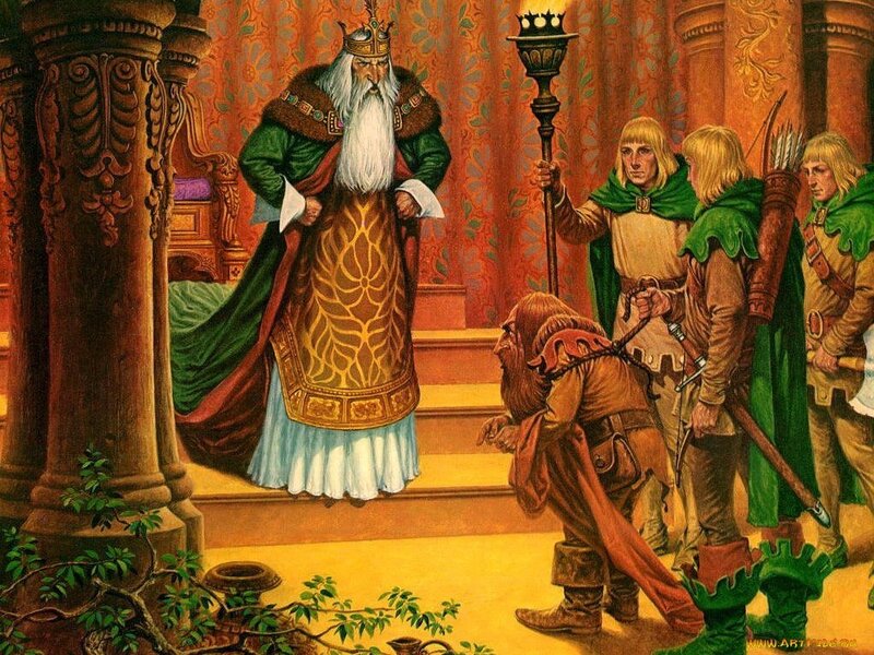 King and adventurers in throne room