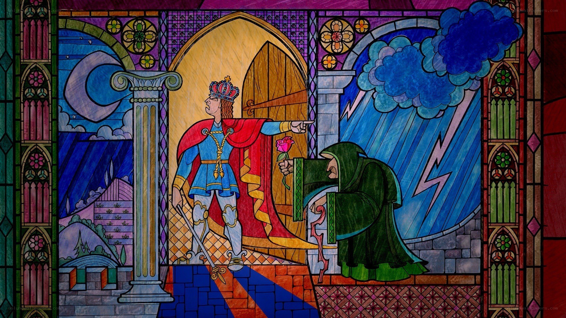 King and wizard stained glass scene